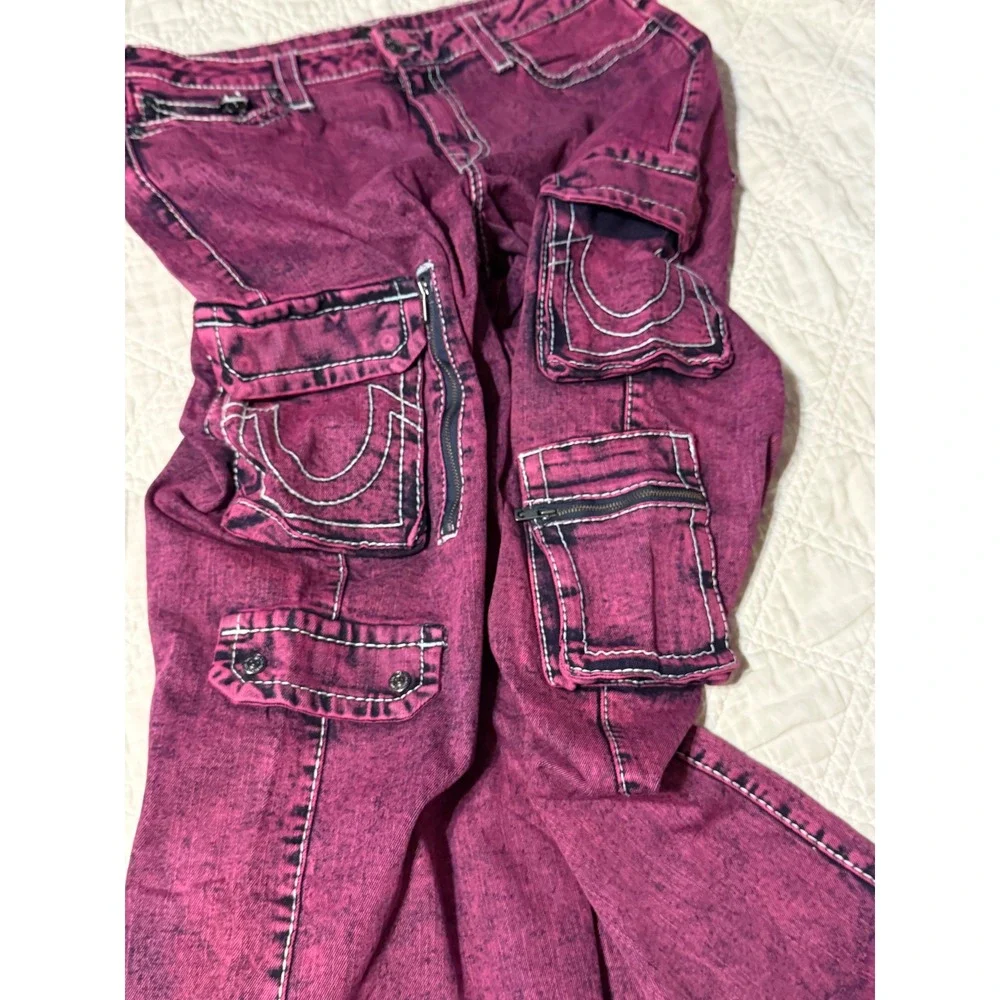 True Religion Bobbi Baggy Cargo Jeans Fiona Pink Overdye Super T Stitch 34 NEW